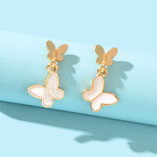 Delicate White Enamel Gold Plated Butterfly Charm Stud Earrings Girl Dainty Gift-0