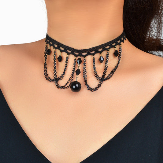 Halloween Retro Necklace Black Bead Charm Lace Neck Tassel Chain Collar Choker-0