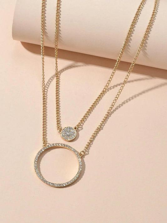 2 pcs Gold Silver Chain Rhinestone Round Circle Pendant Necklace Jewellery Gift-1