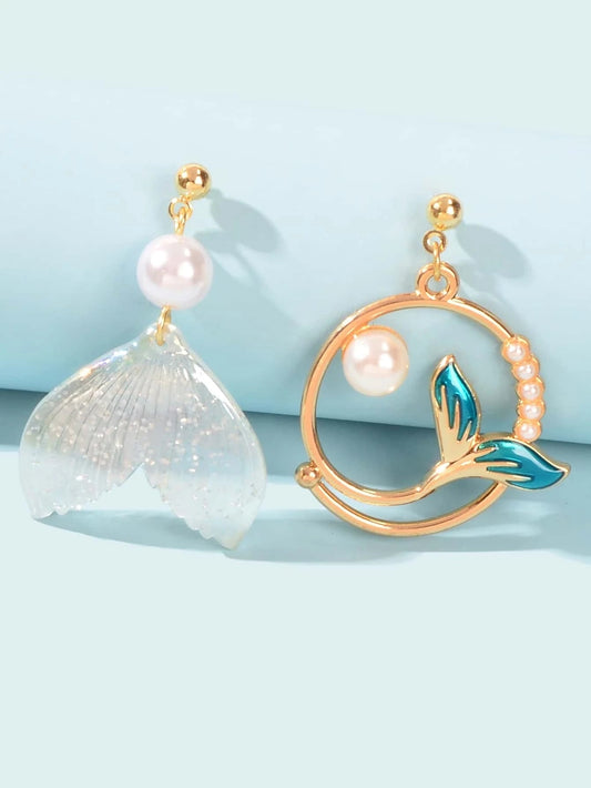Exquisite Women Accessories Pearl Decor Mermaid Tail Asymmetric Holiday Earrings-0