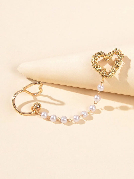1pc Designer Jewelry Ear Cuff Pearl Gold Chain Heart Love Stud Cartilage Earring-1